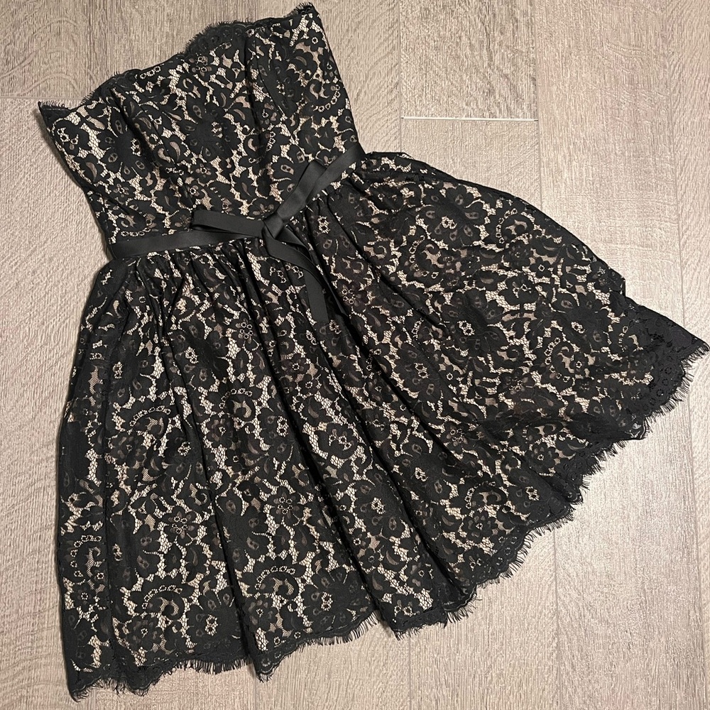 Formal nude dress with black lace overlay